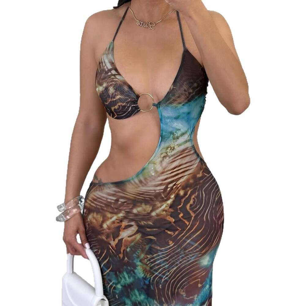 New Women's Fashion Strapless Hollow Out Mixed Color Printed Maxi Dress B5