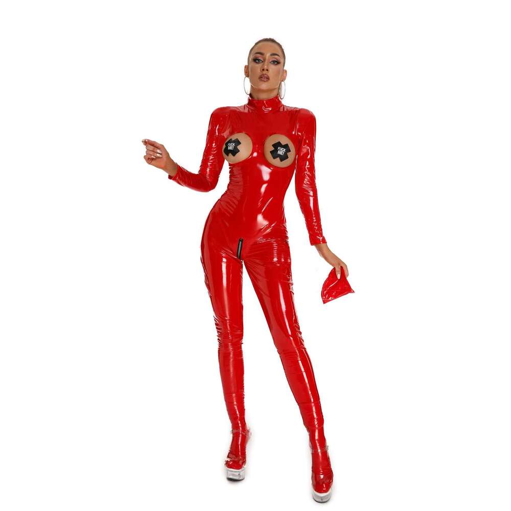 Sexy Lingerie Porn Suits PU Patent Latex Full Zipper Pants Shiny Uniform Sexy Bodycon Tight Mirror PVC One Piece Leather Suit Spell Lingerie