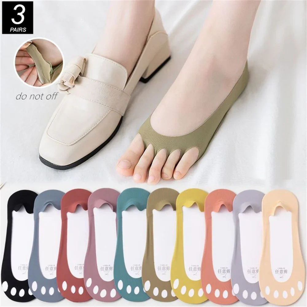 3 Pairs Invisible Socks Women Ice Silk Five Finger Hole Socks Anti Slip Silicone for High Heel Shoe Two Ways Wear 250613