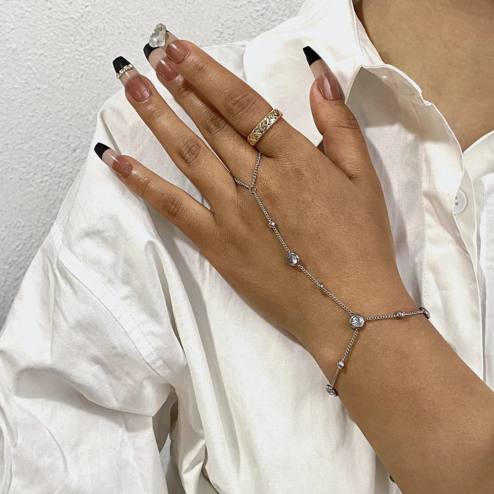 Bohemia Stainless Steel Ring Bracelet Round Rhinestone Hand Chain Bracelet Elegant Gold Plated Summer Hand Jewelry Gift 250610