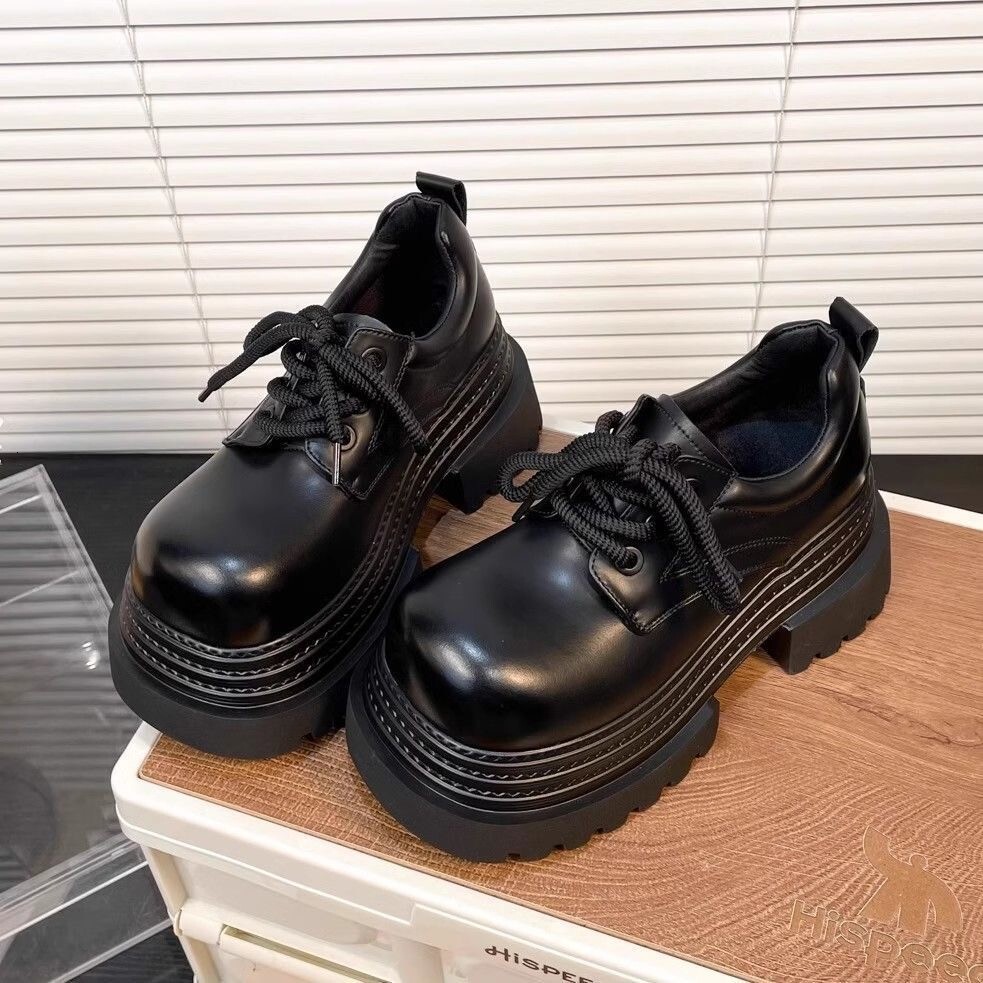 Ddmysports Chunky Thick Soled Platform Height Increasing Block Heel Leather For Women British Style Spring Autumn New Single Shoes Outdoor Shoes