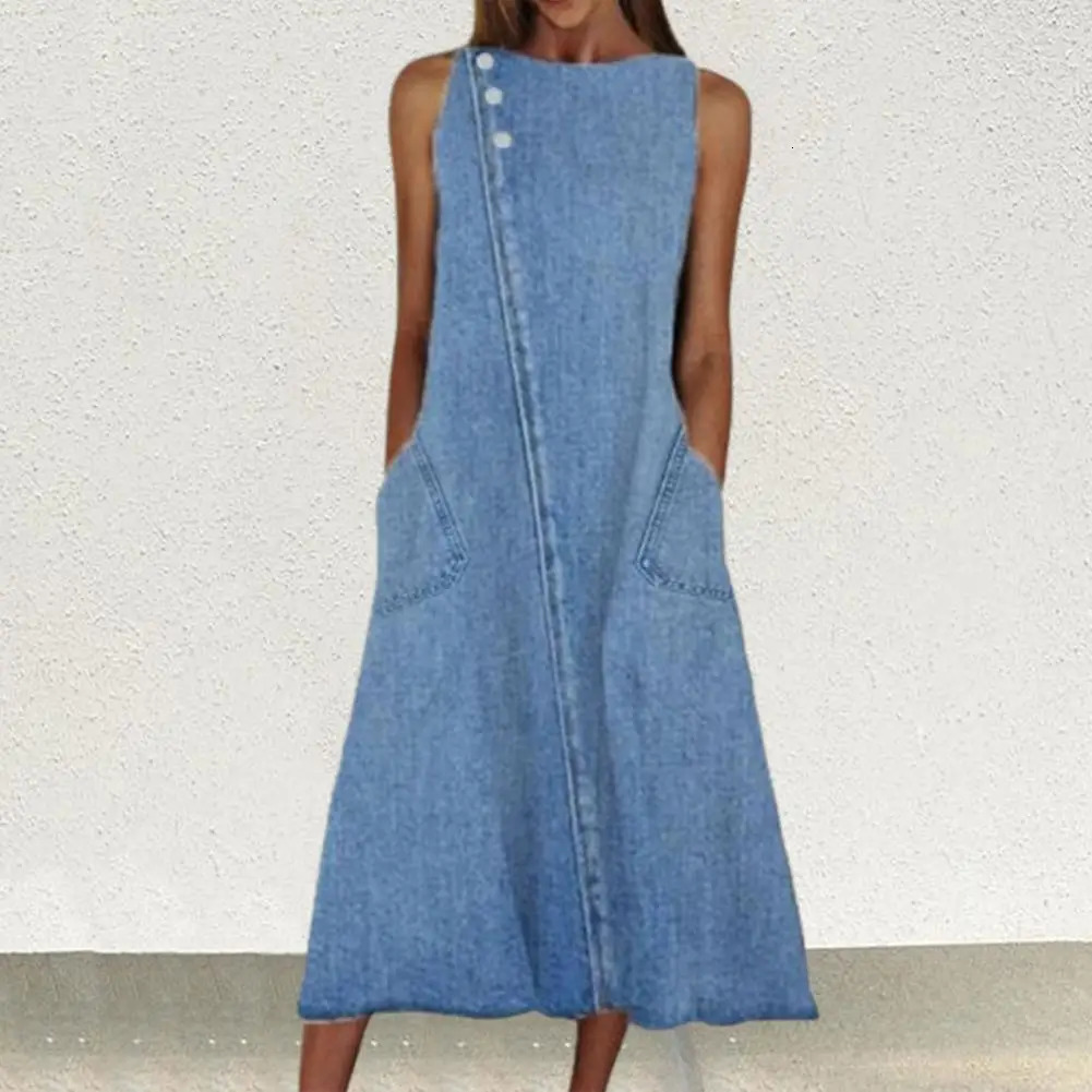 Loose Denim Dress Women Vintage Sleeveless Pockets Solid Color Summer Dress Midi Streetwear 250609