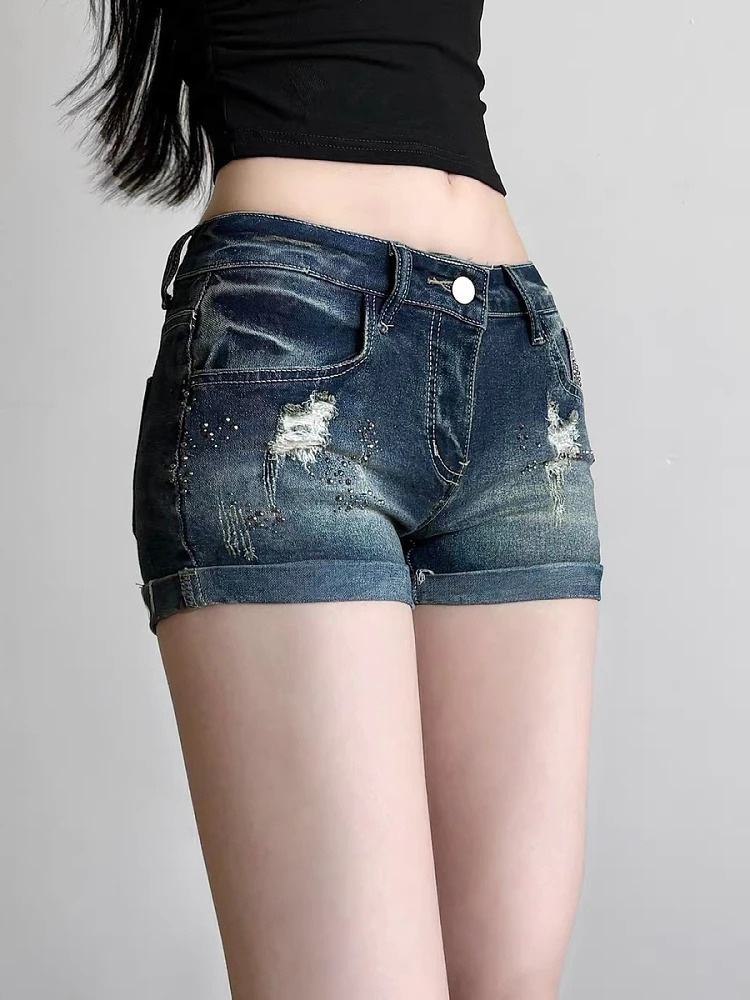 Womens Blue Gothic Denim Shorts Vintage Aesthetic Korean Low Waist Jean Shorts Harajuku Y2k Cowboy Short Pants Clothes Summer 250613