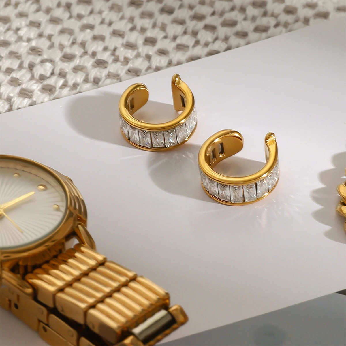 Youthway Gold Plated Stainless Steel Geometric White Zircon C-shape Ear Clips For Ladies Anti Allergic Elegant Trendy Jewelry 250610