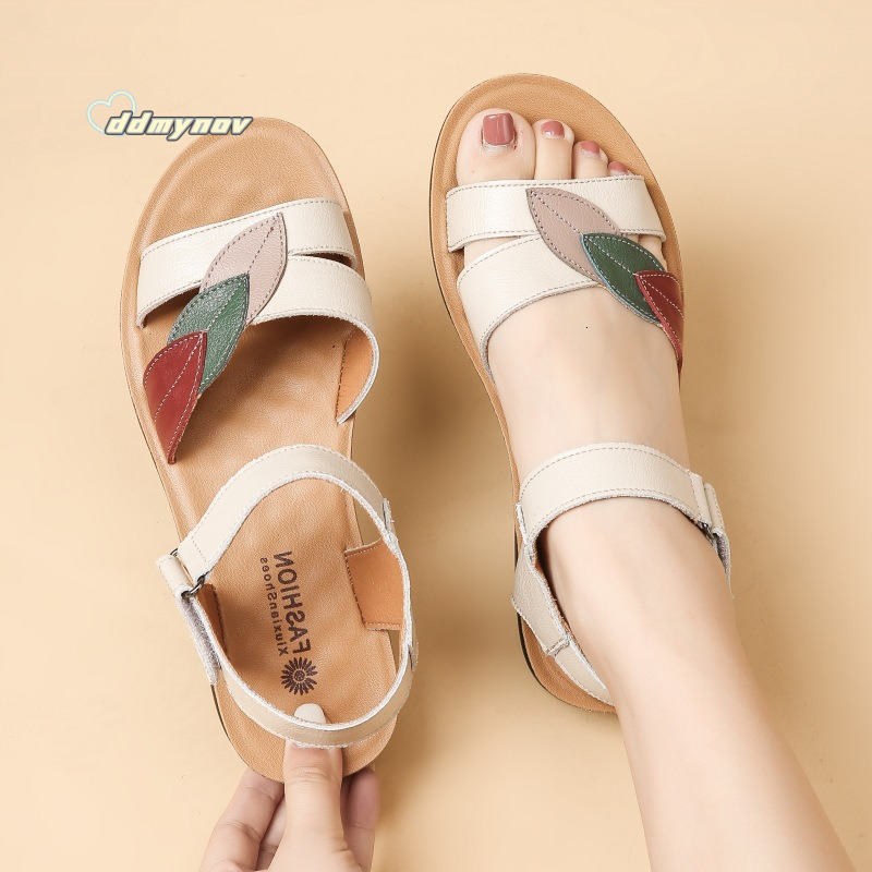 Top Layer Cowhide Mom Sandals Genuine Leather 50 Years Old Summer Soft Sole Women's Shoes Middle-aged Flat Elderly Non-slip Women ddmynov