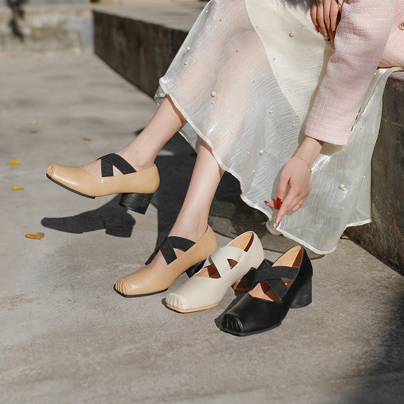 Ddmysheep Ddmysheep Genuine Leather Mary Jane New Cross Strap Square Toe Pleated Ballet High Heel Outdoor Single Shoes For Women
