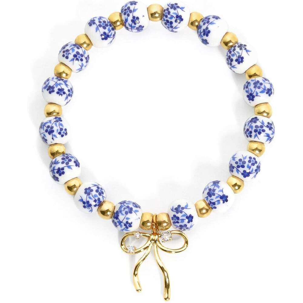 Blue and White Porcelain Beaded for Women Handmade Stretch Bracelet with Bow Charm Vintage Chinese Floral Style Jewelry Gift