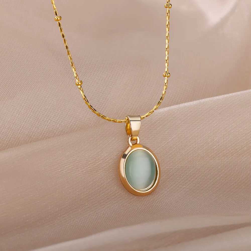 Fashion Stone Opal Oval Necklace For Women Stainless Steel Gold Color Oval Stone Pendant Necklace Wedding Aesthetic Jewelry Gift Z250614