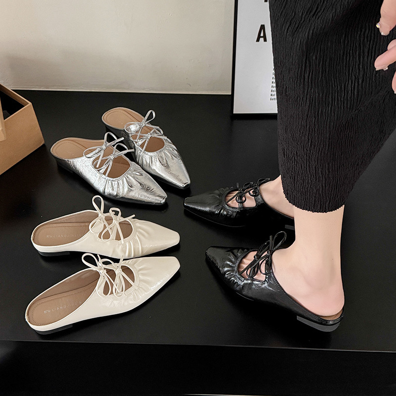 Ddmyoutdoor Hidden Wedge Silver Bowknot Closed Toe Mules For Women Fashionable Outdoor New Summer Mary Jane Sandals Outdoor Shoes