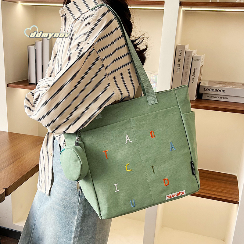 Design Embroidered Letter Versatile Commuter Canvas Tote Bag Casual Literary Student Shoulder Handbag ddmynov