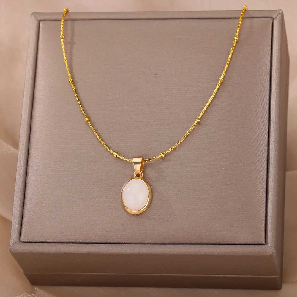 Fashion Stone Opal Oval Necklace For Women Stainless Steel Gold Color Oval Stone Pendant Necklace Wedding Aesthetic Jewelry Gift Z250614