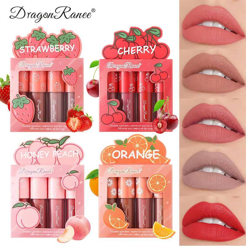Mini Velvet Matte Gloss Set 4pcs Glaze Non-Stick Cup lipstick Long-Lasting Fruit Scented Lip Tint Makeup Lips Cosmetics happy