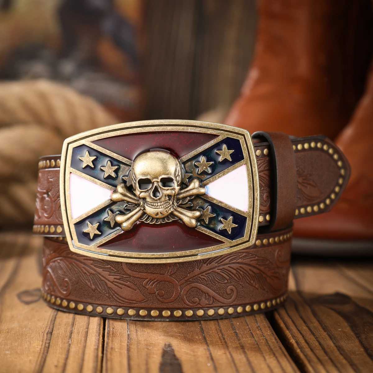 A classic retro PU material embossed belt metal plate buckle men and wen the same daily casual delivery punch nails X2506141