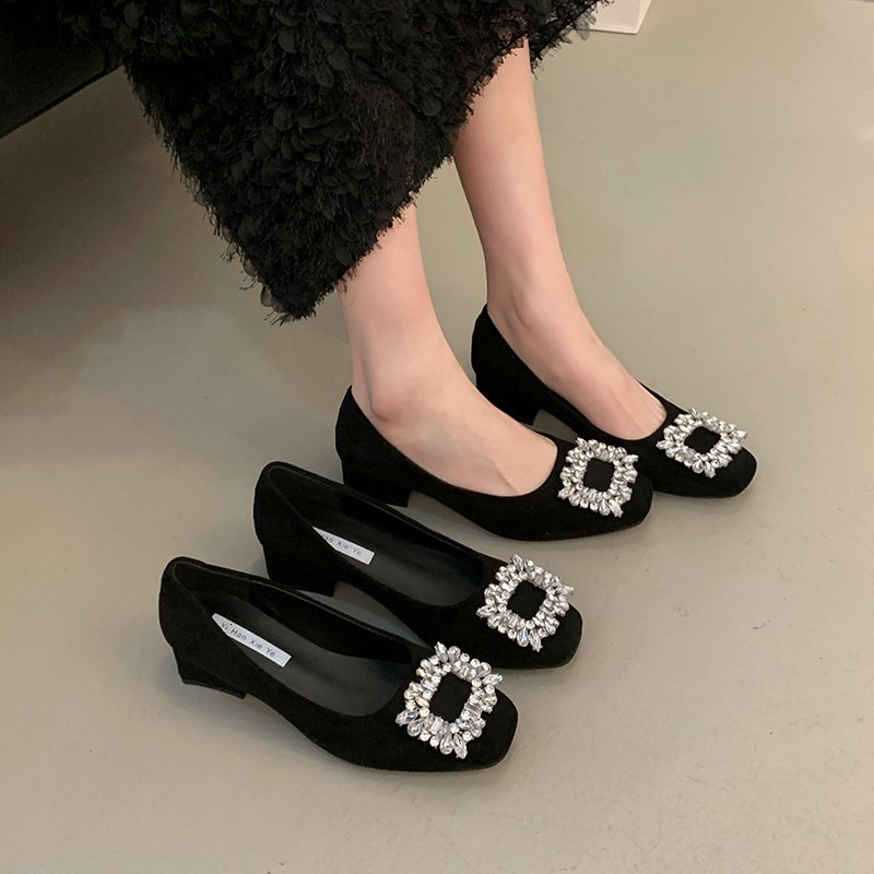 Ddmyoutdoor French Style Square Toe Women S Shoes Early Spring New Rhinestone Chunky Low Heel Slip On Shallow Mouth High Heels Outdoor Shoes