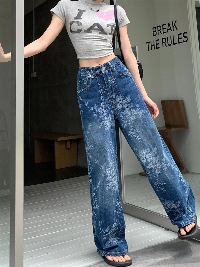 Premium Y2K Jeans Artistic Floral Printed Distressed Denim Relaxed Straight Leg Palazzo Pants 2664 250612
