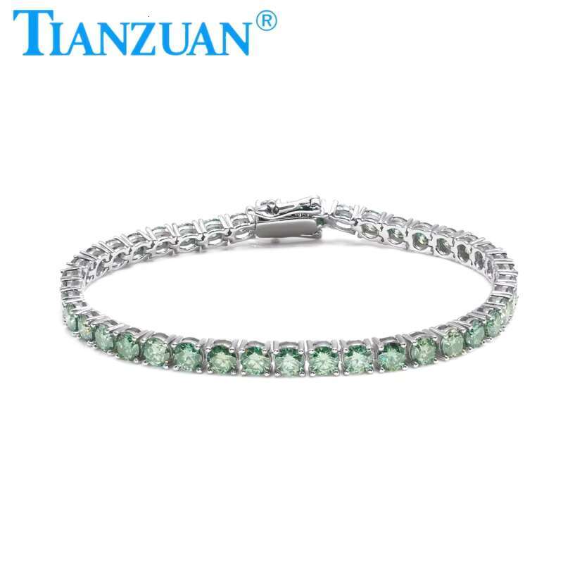 925 Sterling Silver Hip Hop Iced Out Green Round Brillant Moissanite Tennis Chain Bracelet Synthetic Diamond Jewelry