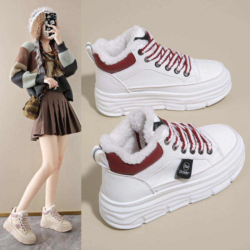 Ddmysports Winter Plush Lined High Top White Sneakers For Women Korean Style Versatile Height Increasing Thickened Warm Cotton Casual Board Trendy Sho