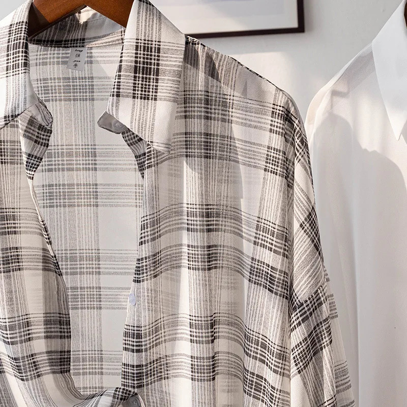 Sheer Chiffon Plaid Shirt for Women Oversized Collared Buttondown Blouse Summer Ladies Slouchy Casual Outfit 250614