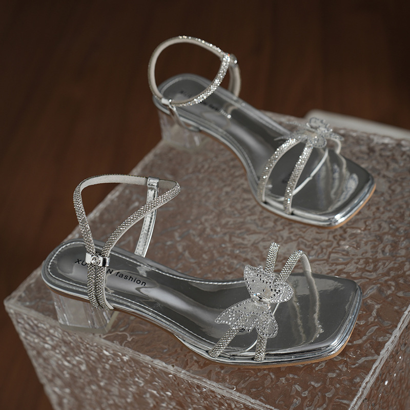 Ddmyoutdoor Fairy Style Butterfly Rhinestone Chunky Sandals For Women Summer New Fashion Square Toe Transparent Mid Heel Two Way Slippers Outdoor Shoe