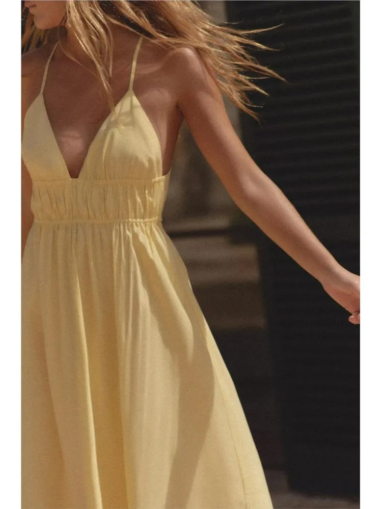 TRAF Flowing Midi Dress V Neck Womens Dress Sexy Backless Thin Straps Lady Dresses With Bow Elastic Waist Party Dress 250613