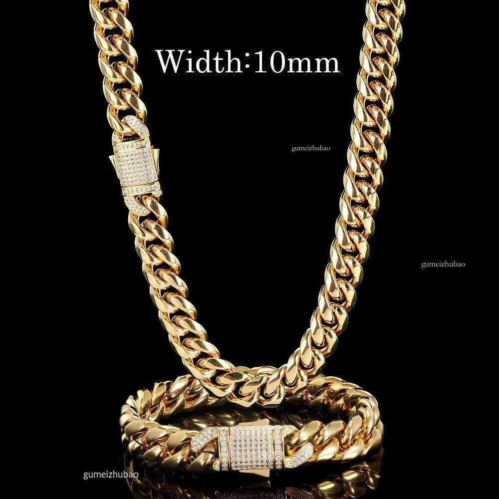 DHCollections Hip Hop Iced Cube Zircon Spring Buckle Gold Plated Stainless Steel Cuban Chain Necklace