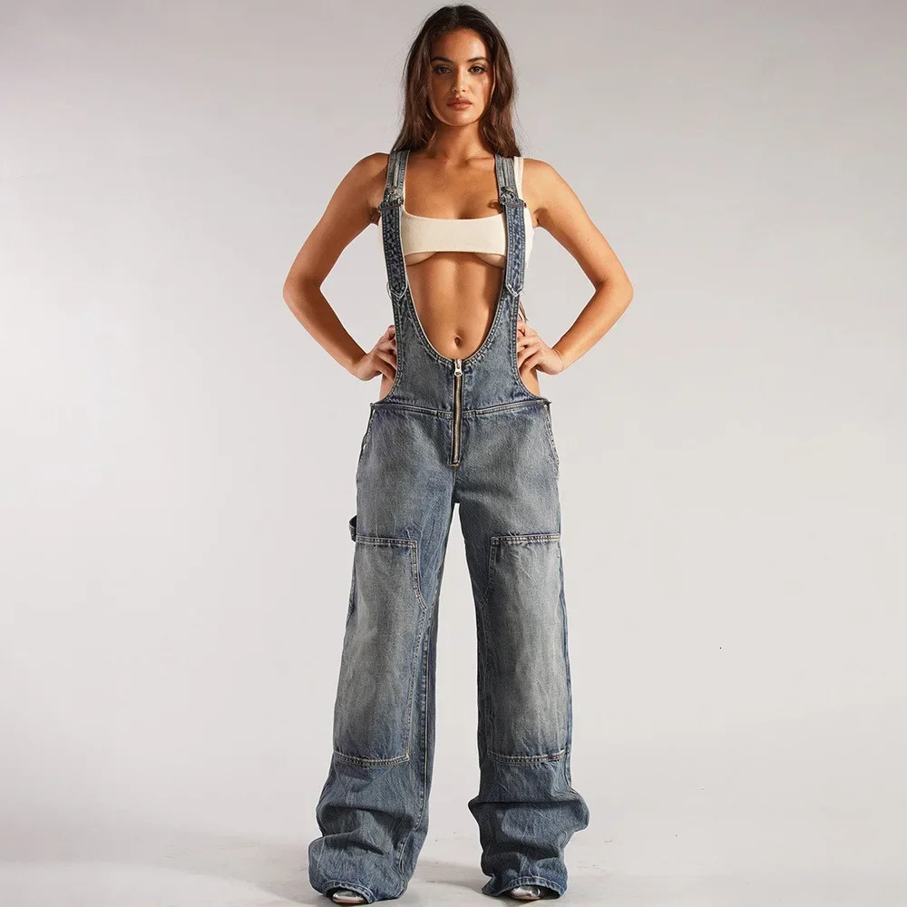 Jumpsuits Women Jeans Overalls Sexy Backless Vintage Full Length Denim Straight Pants Loose Pockets Distressed Washed Casual 250612