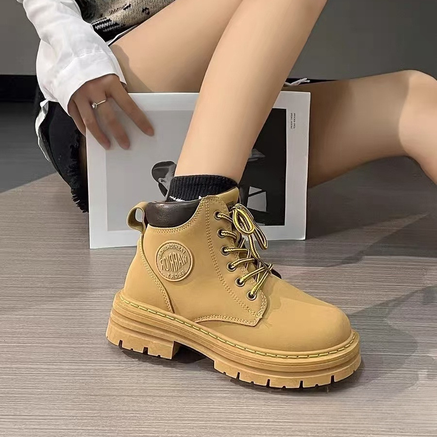 Ddmysports Trendy Yellow Martin For Women Autumn New Style Petite Thick Sole Chunky Heel Super Popular Street Short Boots Outdoor Shoes