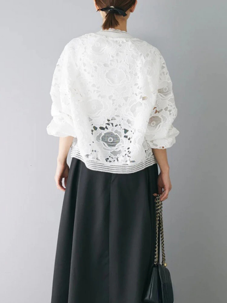 Hollow Out Lace Coat Women Ropa Mujer Long Sleeve Loose Korean Summer Y2k Tops Zipper Stand Neck Casual All Match Jackets 250611