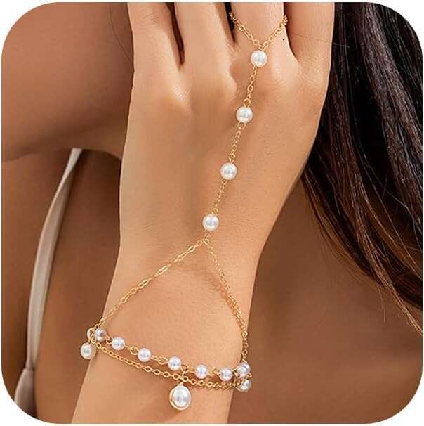 Cute Beaded Pearl Gold Hand Chain Bracelets Rings for Women Dainty, Exquisite Beads Pearls Finger Ring Slave Bracelet Party Prom Jewelry Accessories G