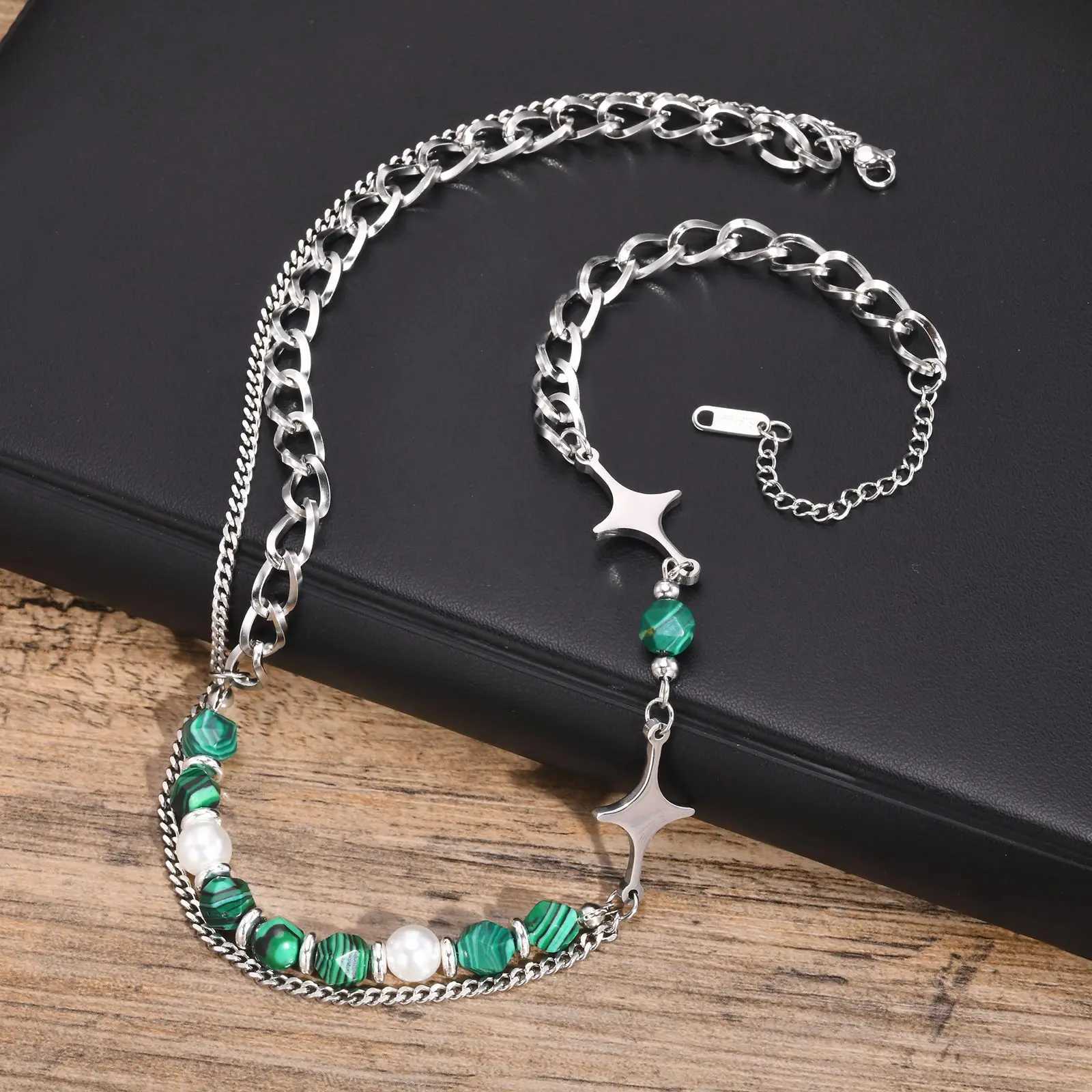 Vnox Unisex Layered Cuban Chain Necklaces Green Natural Stone Beads Chokers for Women Men Teens Simple Collar Jewelry Z250614