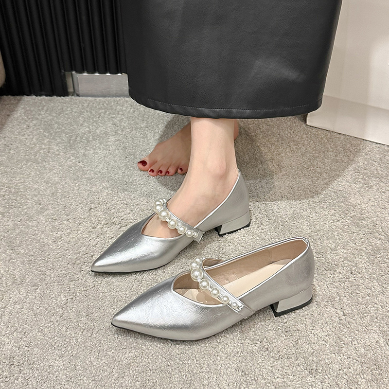 Ddmyoutdoor French Style Mary Jane For Women Spring Summer New Pearl Strap Pointed Toe Dress Shallow Mouth Single Shoes Outdoor Shoes