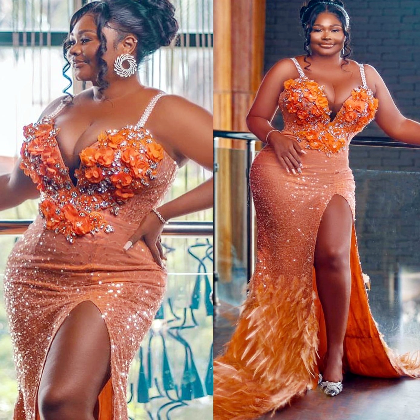 Orange Mermaid Prom Dresses 2025 Crystals Flowers Feather Sequined Evening Formal Party Second Birthday Engagement Gowns Plus Size Dress For Special O