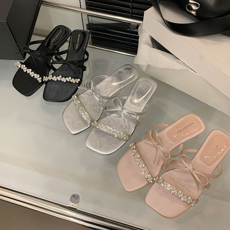 Ddmyoutdoor French Style Flat Rhinestone One Strap Fairy Shoes Outdoor Summer Pink Dress Matching Bowknot Sandals Outdoor Shoes