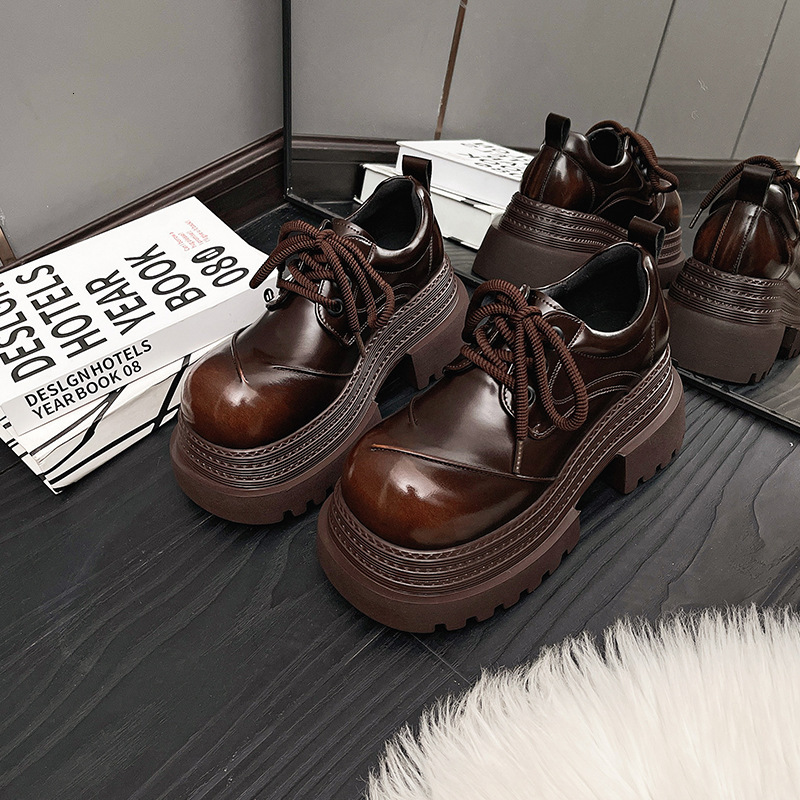 Ddmysports British Style Round Toe Thick Sole Leather New Spring Summer Lace Up Derby Shoes Petite Height Increasing Loafers Outdoor Shoes