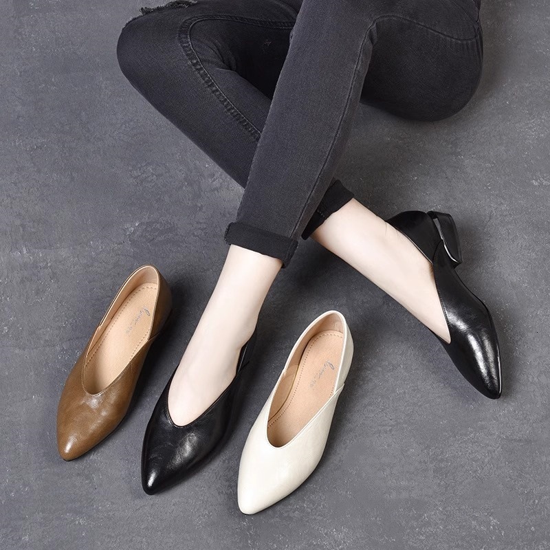 Ddmysports New Spring Summer Women S Pointed Toe Chunky Soft Leather Single Brown Loafers Grandma Mid Heel Korean Style Shoes Outdoor Shoes