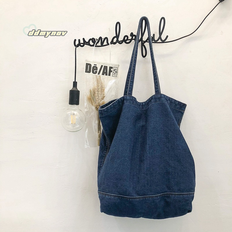 Korean Style Harajuku Denim Canvas for Women Simple Shoulder Large Capacity Solid Color Student Class Tote Bag ddmynov