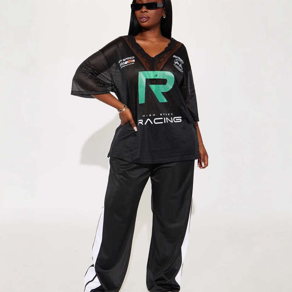 Autumn New Lace V-Neck Letter Print Casual Loose Patchwork T-Shirt Short Sleeve Women B5