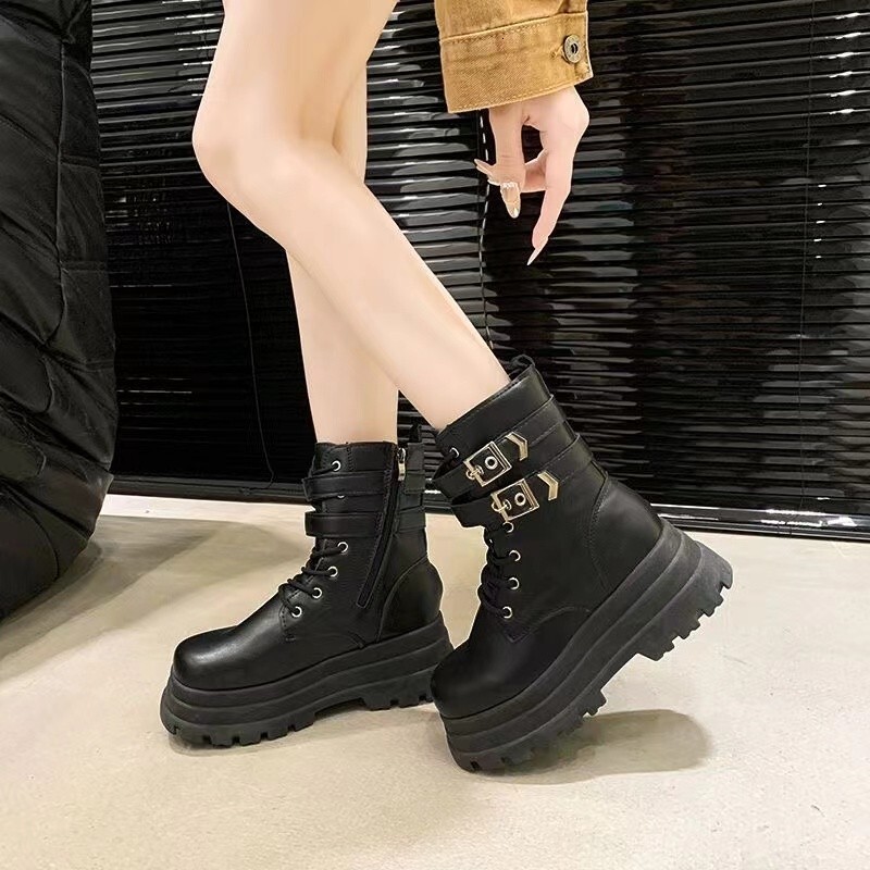 Ddmysports Street Motorcycle Autumn New Small Stature Height Increasing Thick Sole Slimming Short British Style Martin Boots For Women Outdoor Shoes