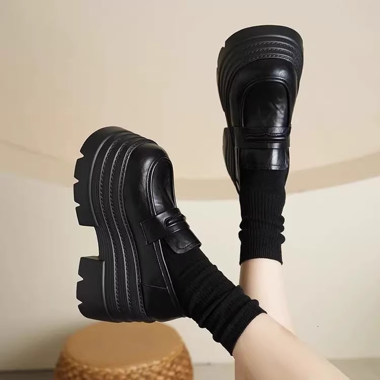 Ddmysports New Spring Summer Thick Soled Chunky Heel British Style Women S Slip On Loafers Black Leather Shoes Outdoor Shoes
