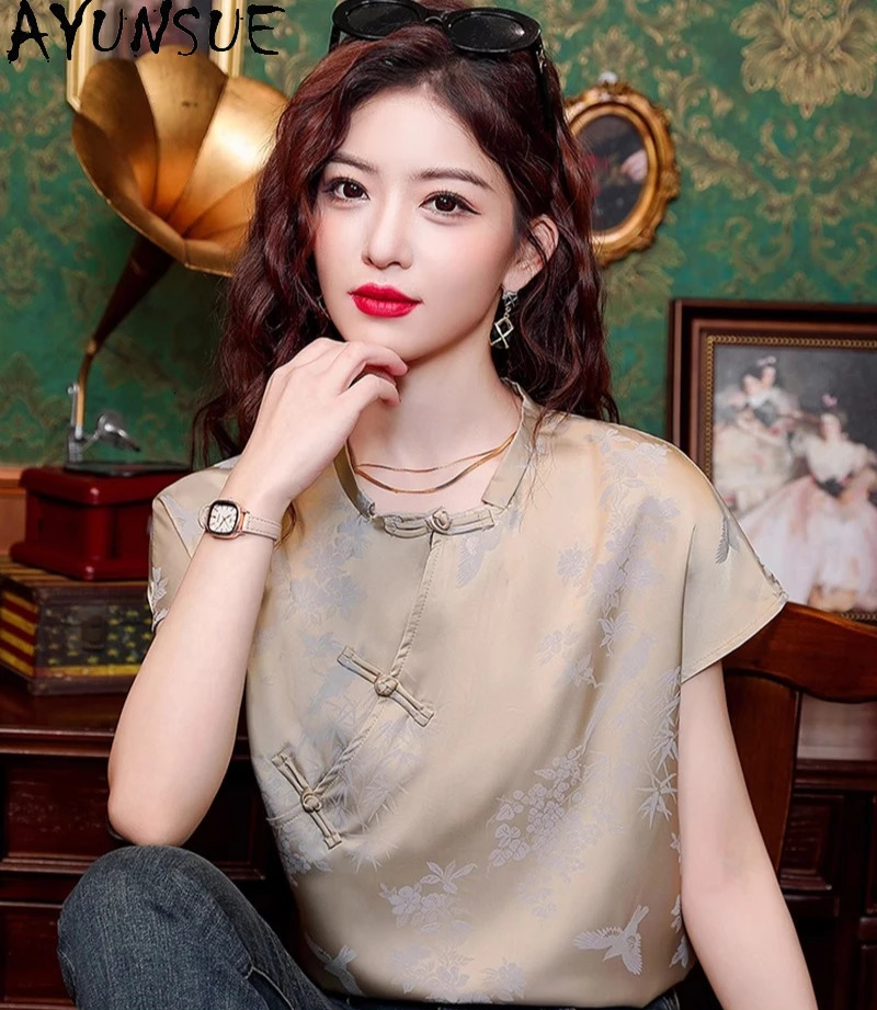 AYUNSUE Natural Mulberry Silk Blouse Woman Chinese Style Stand Collar Tops for Woman Clothes Short Sleeve Shirts Woman 2025 250609
