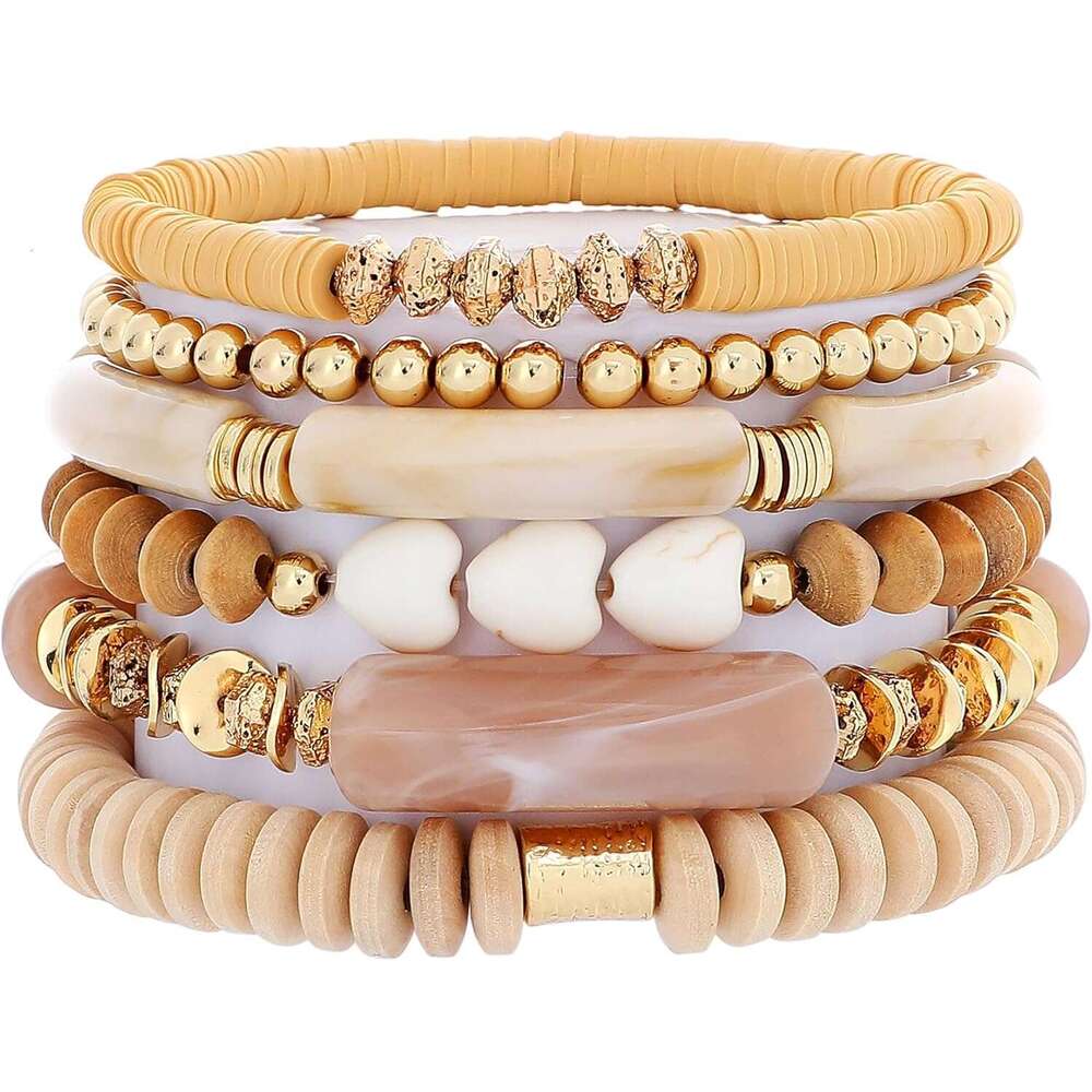Simple Beaded Bangles Bracelet Chunky Bamboo Tube Curved Stacking Clear Acrylic Colorful Beads Stretchable Gold Bracelets Set For Women