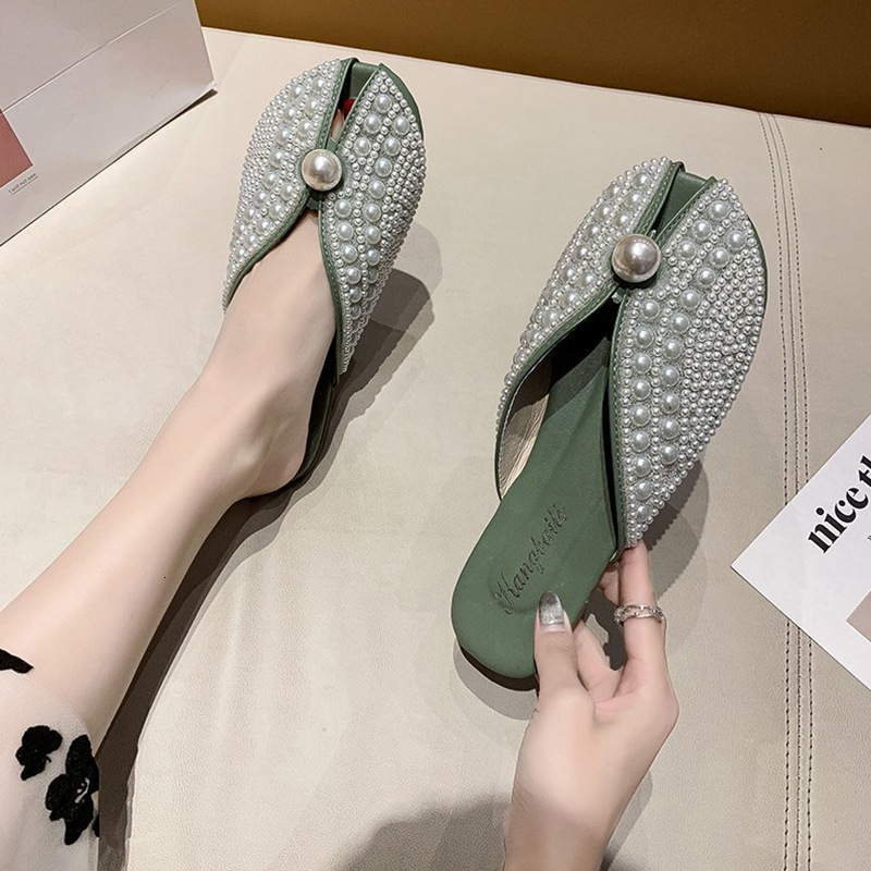 Ddmyoutdoor Baotou Half Slippers For Women Summer Outdoor New Korean Pearl Fairy Style Flat Soft Sole Lazy Sandals Outdoor Shoes