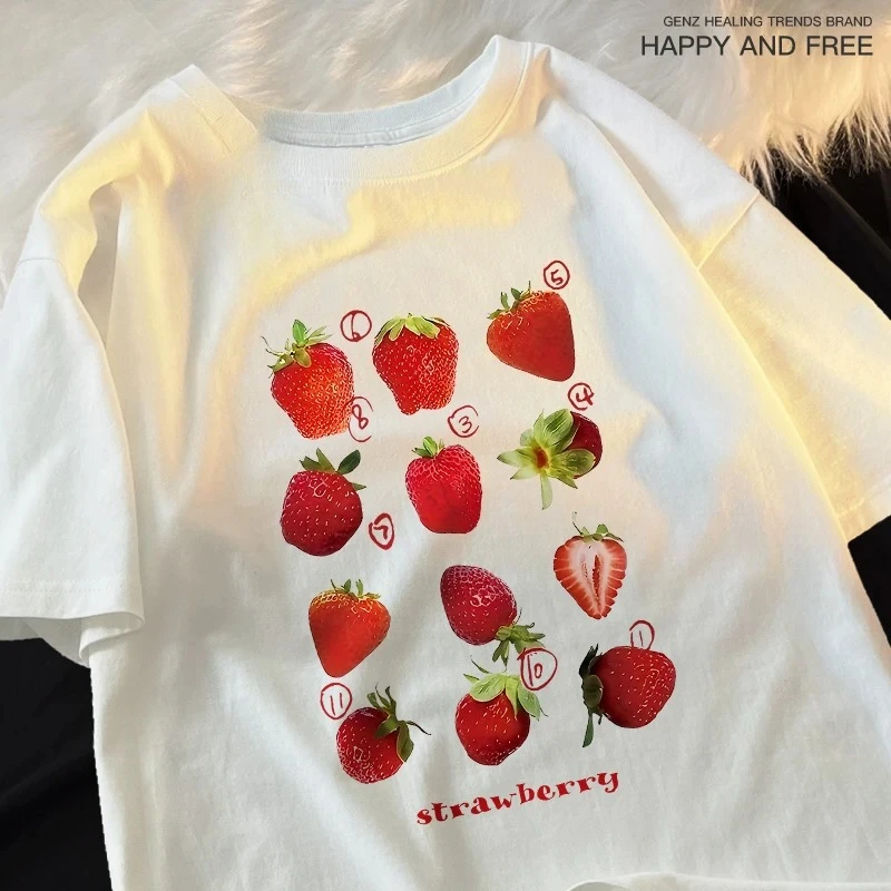 Strawberry Print Women's T-Shirt - 12 Styles Harajuku Loose Fit Summer Tee, Cute Couple Soft Cotton Casual Top
