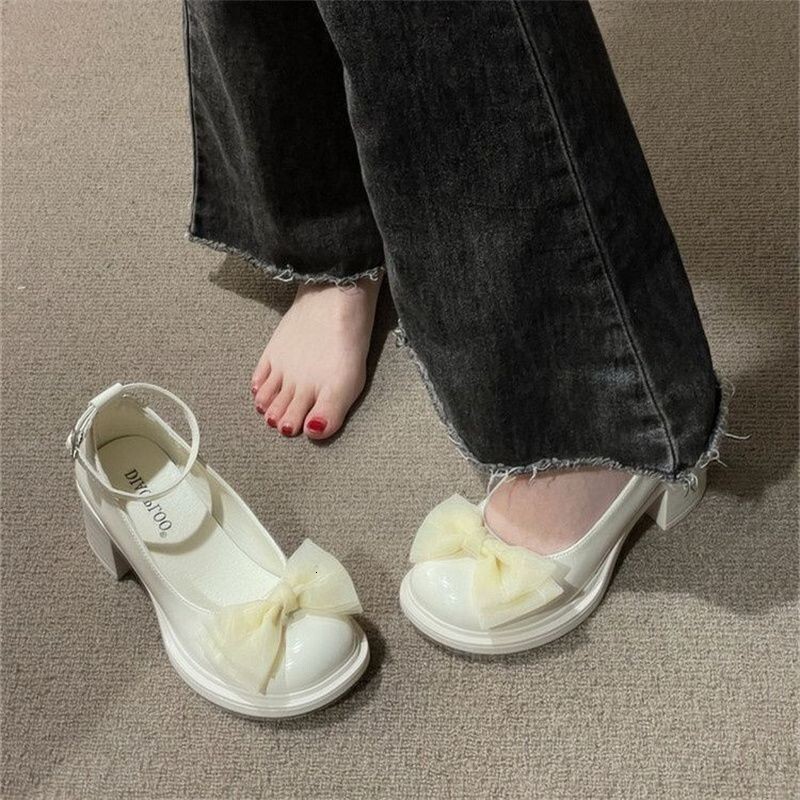 Ddmysports Cute Bowknot Small Leather For Women Spring Summer New Korean Fashion Versatile Chunky Heel Dress Shoes Outdoor Shoes