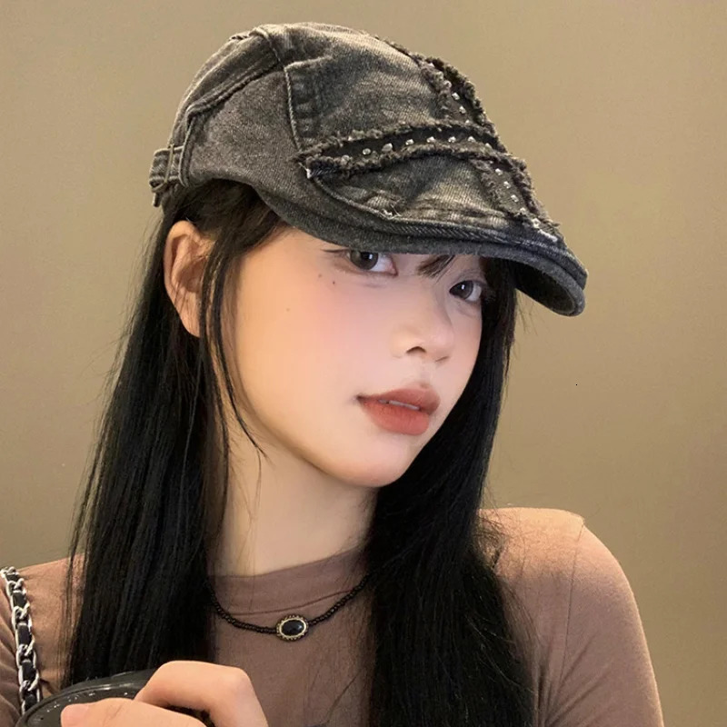 American Rivet Black Forward Hats for Women and Men Summer Casual Versatile Street Trend Retro Washed Denim Berets Y2k 250604
