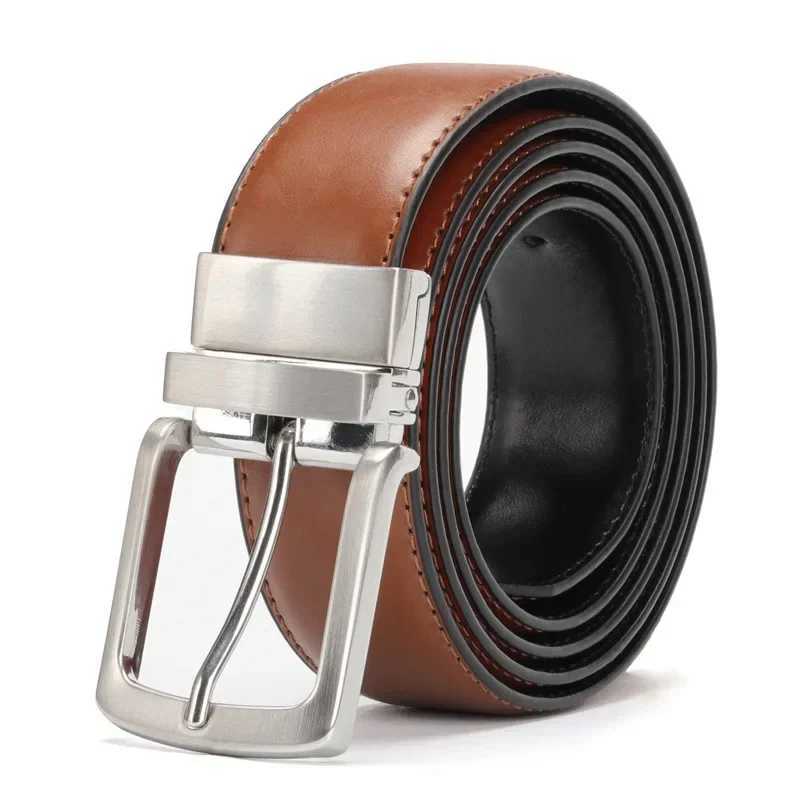 Real Genuine Leather Rotating Alloy Pin Buckle Belt for Men Unisex High Quality Cowskin Leather Cowboy Jeans Double-sided Belts X250614