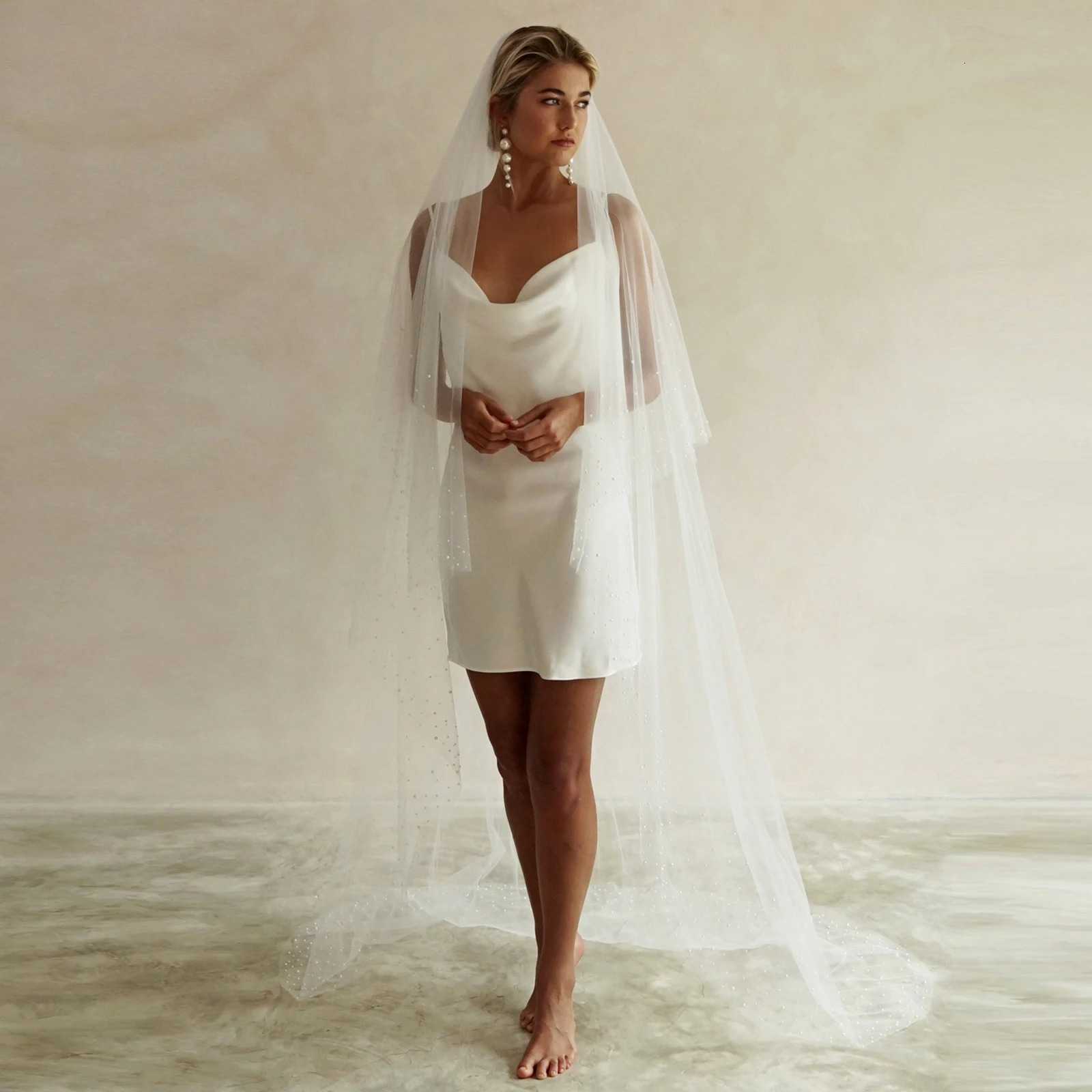 2 Tiers Wedding Veil Long Pearls Beaded Bridal Veils with Blusher Cover Face Cathedral Soft Tulle Wedding Accesories V171 250603