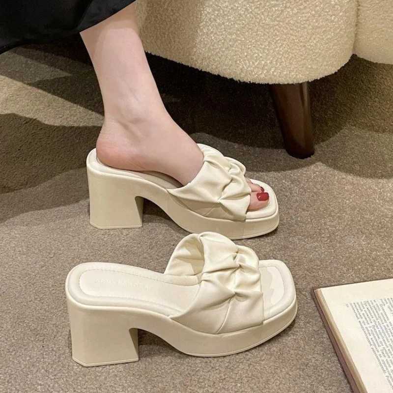 Summer High-heeled Casual Women Fish Mouth Shoes Ladies Shoes on Sale 2024 Fashion New Square Toe Anti-wrinkle Womens Slippers Z250614
