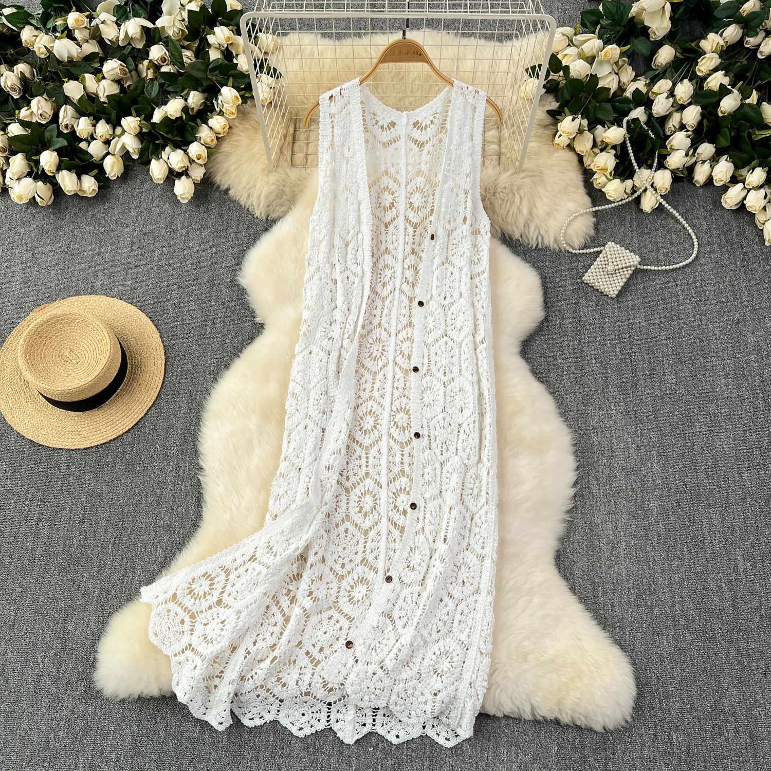 Longline Crochet Cardigan Button Front Sleeveless Sheer Openknit Long Coverup Jacket Women Summer Beach Vacation Outfit 250612