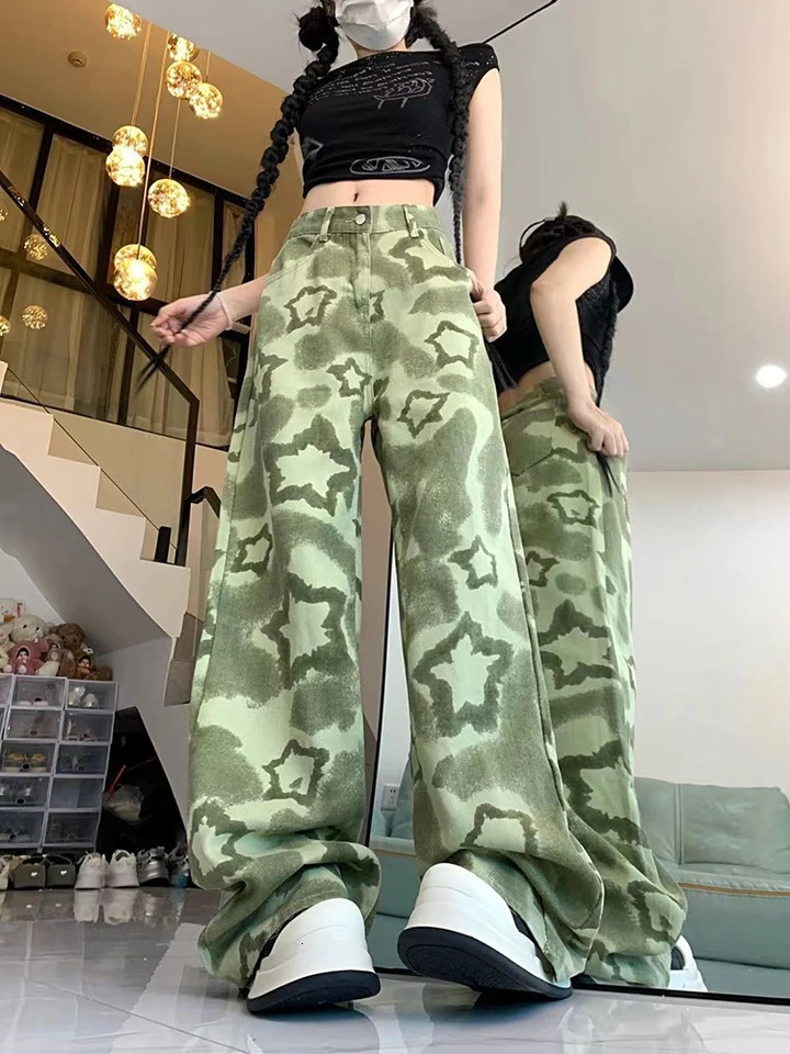Vintage Green Star Jeans Women Camouflage Harajuku Streetwear High Street Trousers American Y2K Casual Baggy Denim Pants Z260313